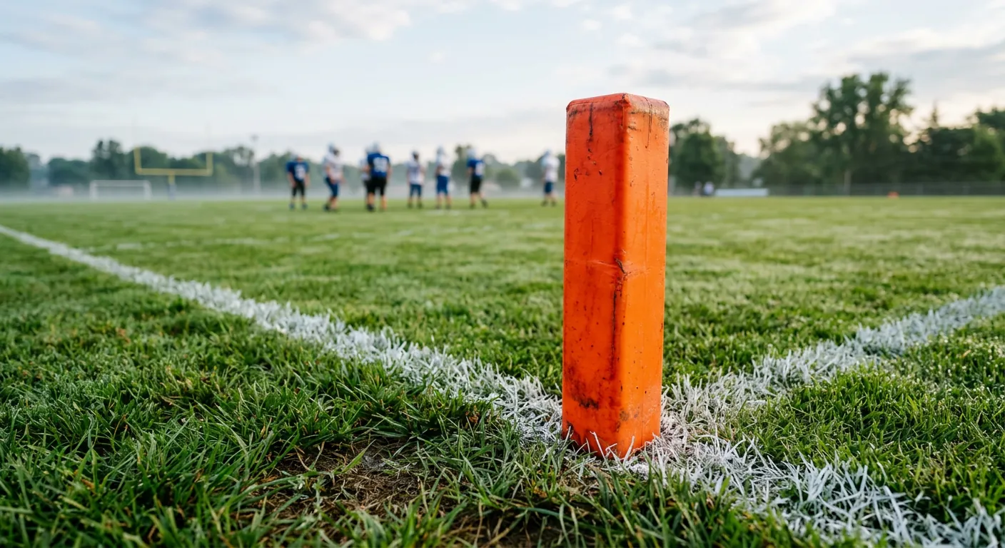 An orange pylon at the corner of a youth football field in the morning, players warming up in the distance