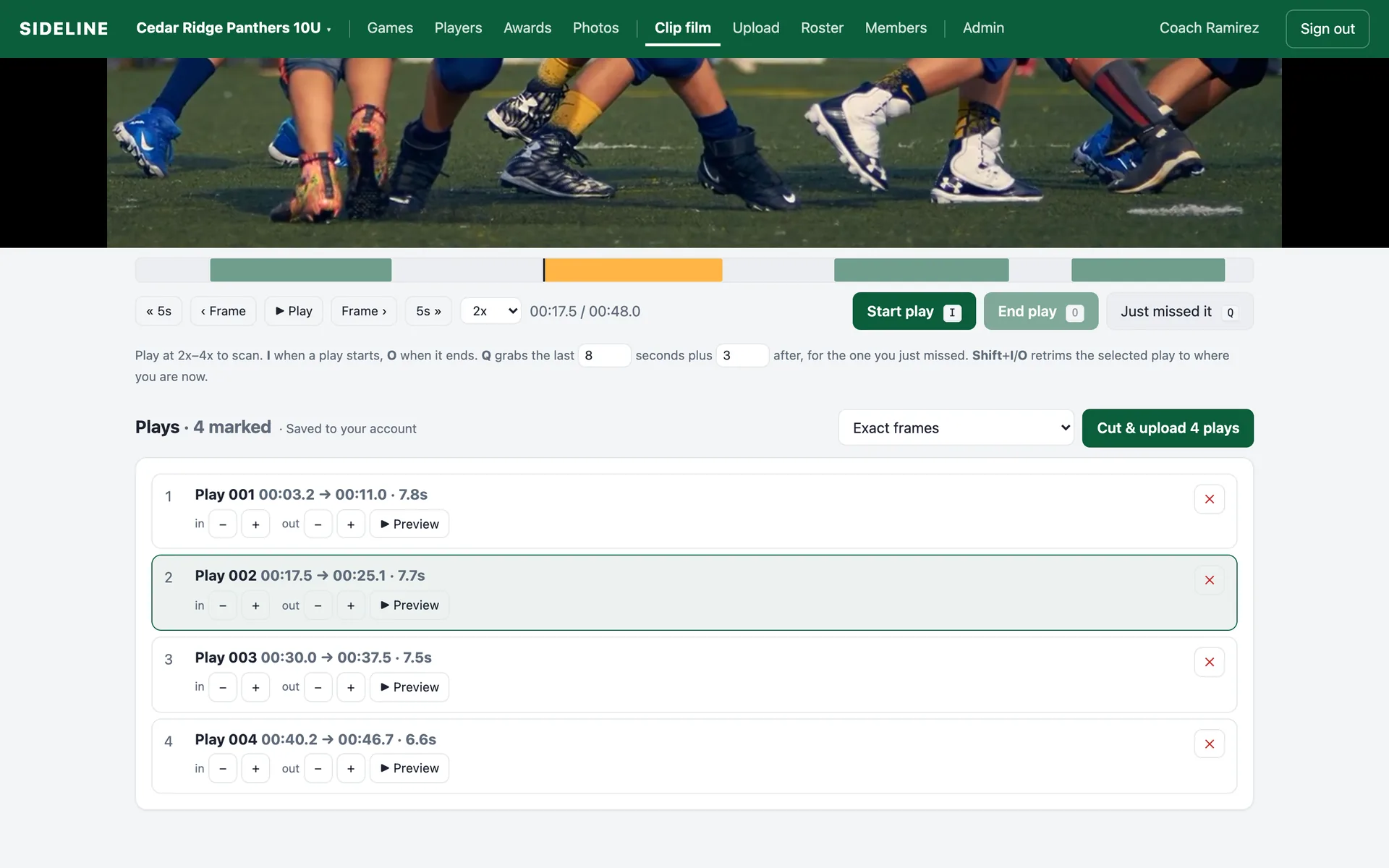 Clip film page with the marks bar above the video and the list of marked plays