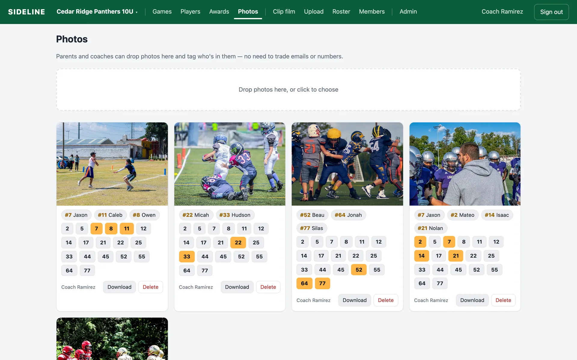 Team photo grid with player tags on each photo