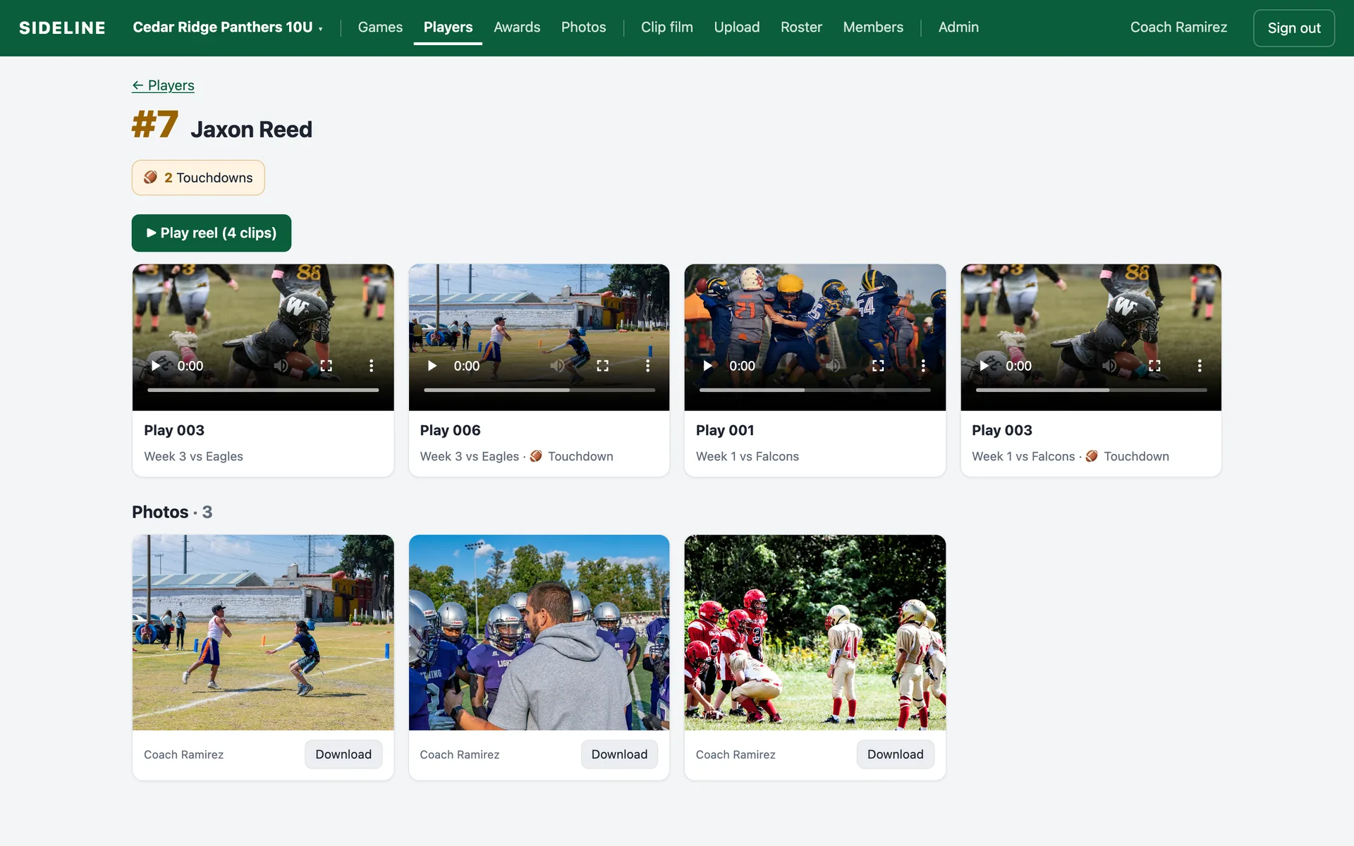 A player page: season awards, the play reel, and tagged photos