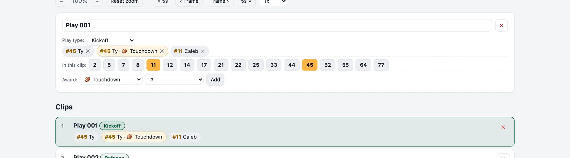 The tag panel under a play: roster number chips and an award dropdown